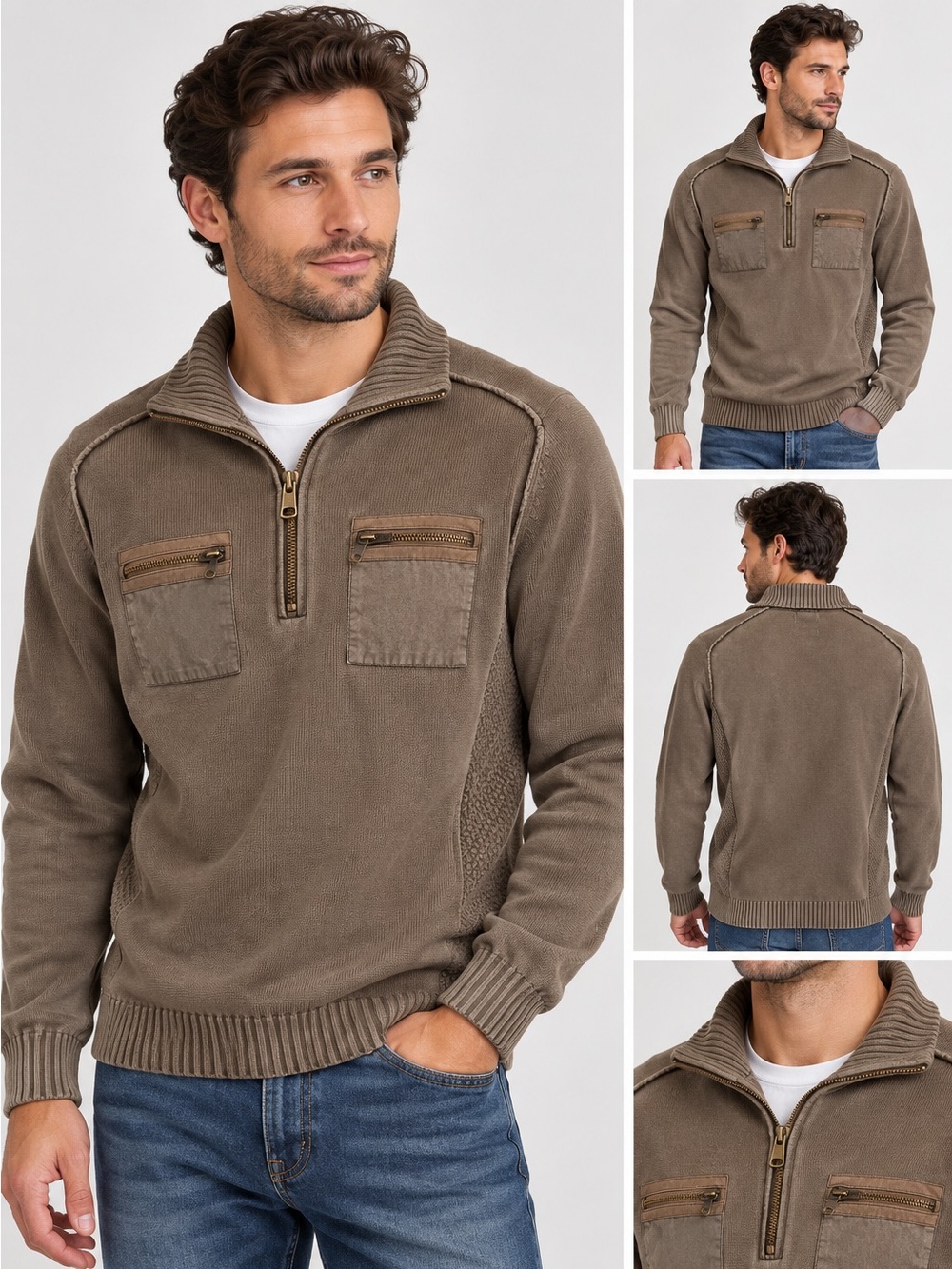 Angelo Rossi Men’s L Brown Cotton Quarter Zip Utility Sweater Textured Knit
